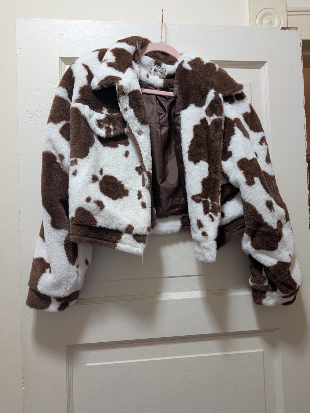 Women's Brown & White Faux Fur Cow-Print Jacket